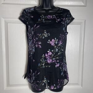 WHBM Shirt Women Extra Small Black Mesh Purple‎ Floral Sequin Lined Cap Sleeves